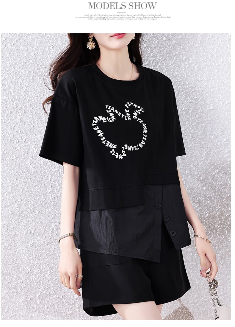 실사 빅 사이즈 여름 드레스 불규칙 반팔 티셔츠 여성 지방 mm 패션 외국 가스 고유 한 Chic 페이크 레이어드 맨위 상세 이미지 18