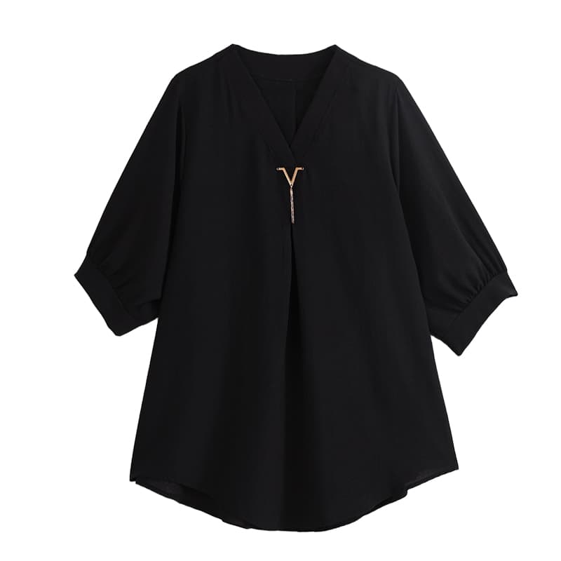 빅 사이즈 여성 셔츠 여름 드레스 새로운 루즈핏 슬림해 보이는 V넥 패션 표지 배 단색 슬림해 보이는 세련된 연령 감소 맨위 이미지 6