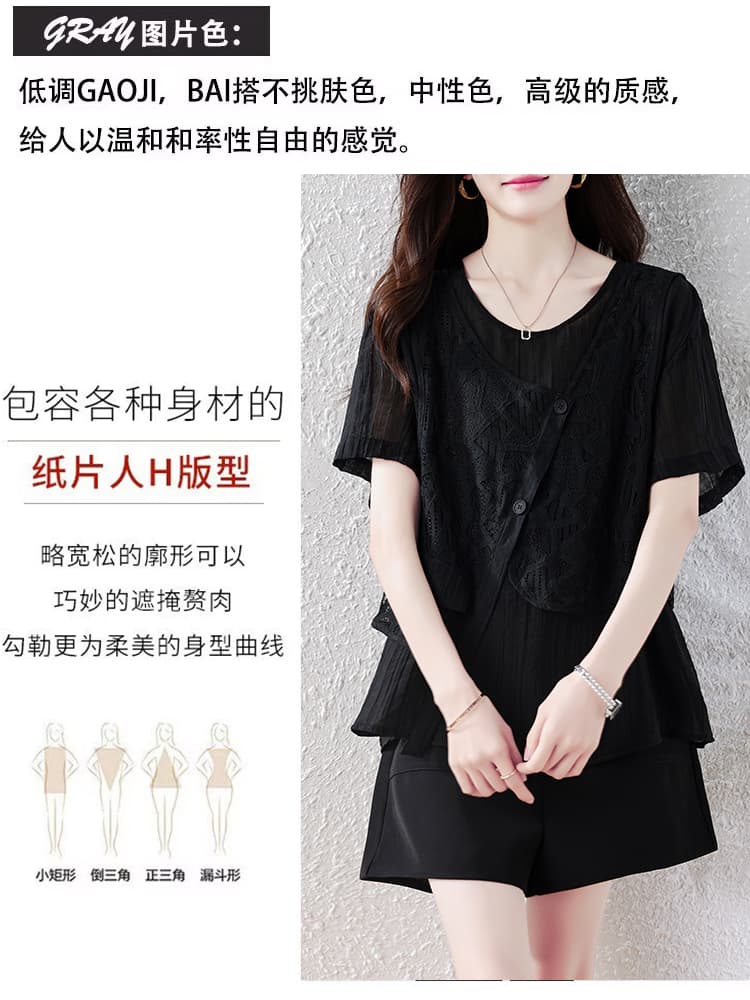 2026 여름 신제품 패션 레이스 조각 빅 사이즈 디자인 센스 셔츠 표지 고기 슬림해 보이는 캐주얼 맨위 투피스 세트 상세 이미지 3