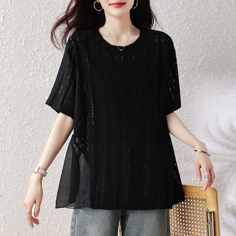 여름 빅 사이즈 여성 의류 패션 디자인 센스 홀로우 아웃 망사 패치워크 반팔 라운드 넥 티셔츠 루즈핏 슬림해 보이는 맨위 이미지 4