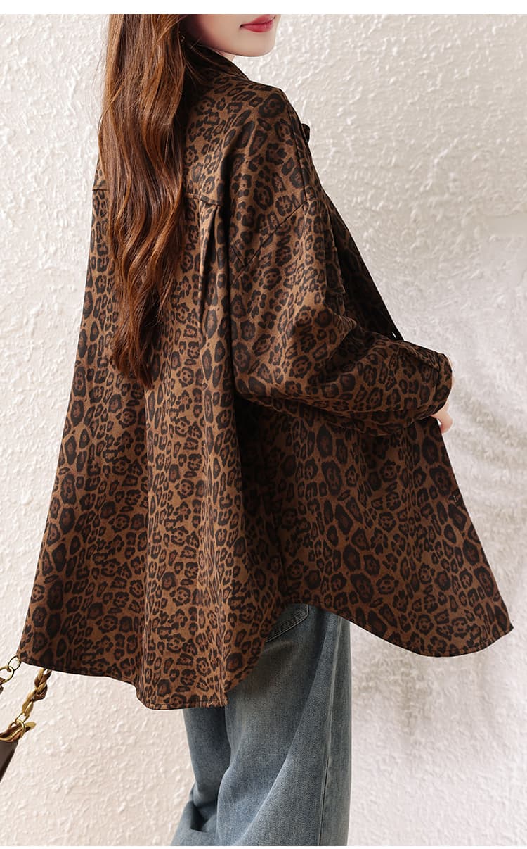 빅 사이즈 여성 의류 2026 레트로 가을 의상 패션 슬림해 보이는 캐주얼 품격 레오파드 무늬 셔츠 긴팔 루즈핏 재킷 상세 이미지 18
