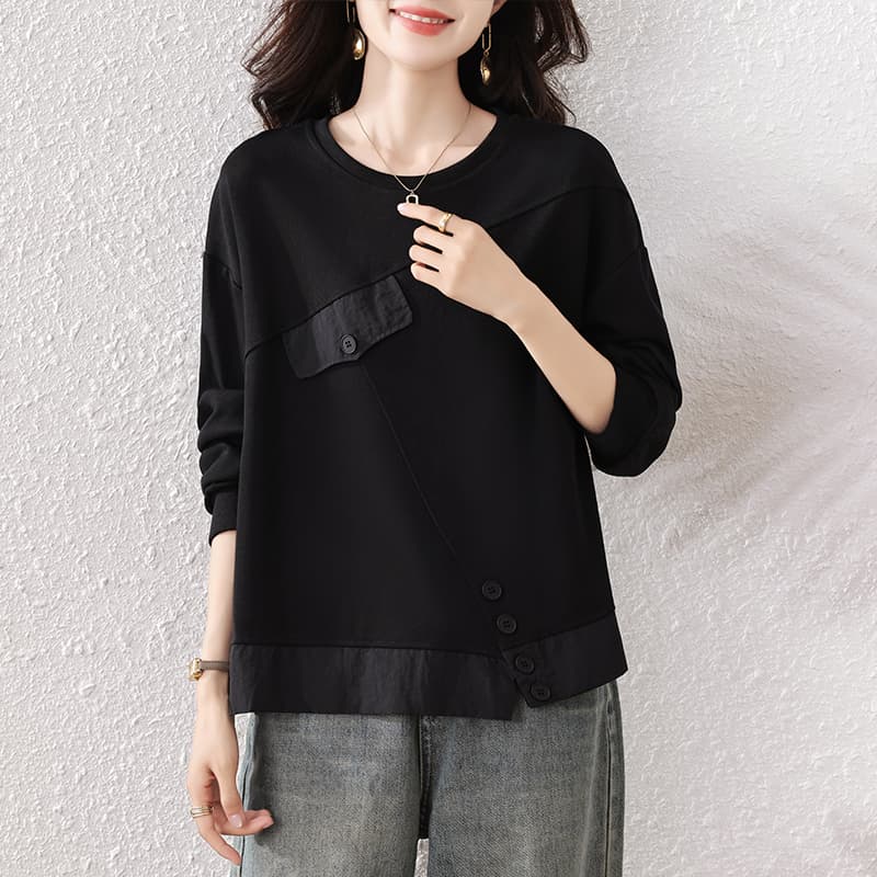 실사 봄 가을 새로운 빅 사이즈 여성 의류 후드티 품격 패치워크 패션 다용도 슬림해 보이는 캐주얼 루즈핏 티셔츠 맨위 이미지 4