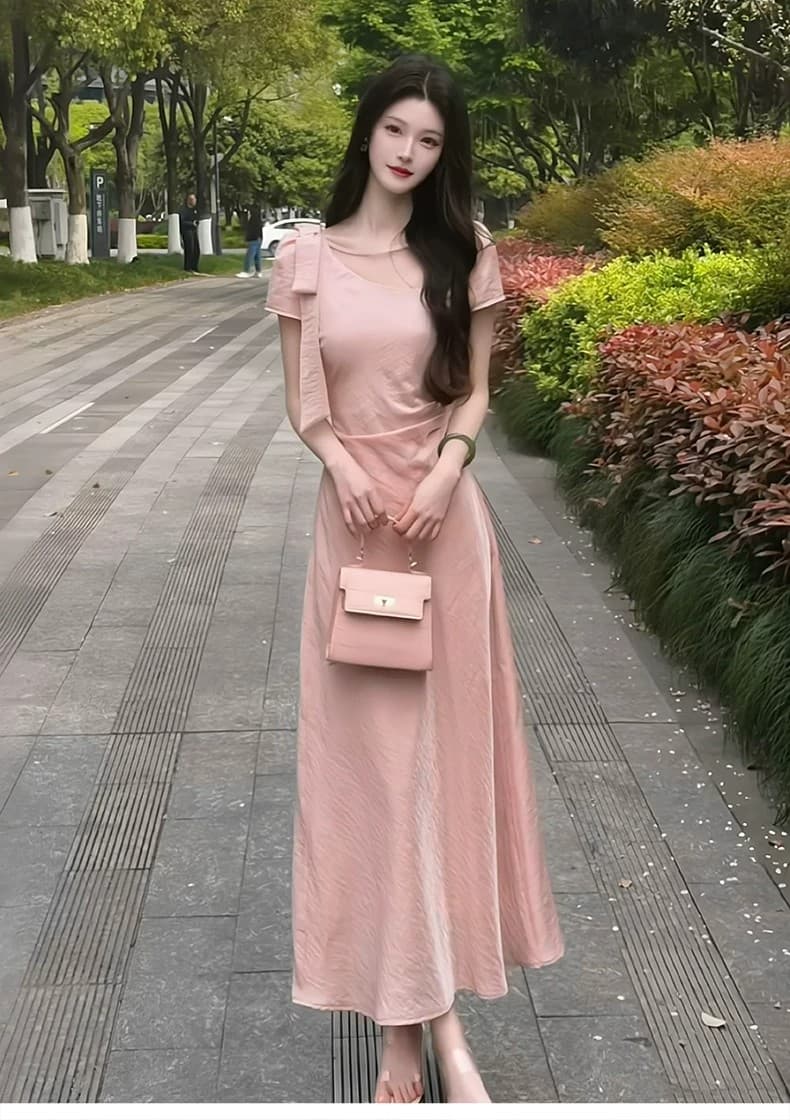 2026 새로운 핑크색 여성 드레스 여름 허리 수축 품격 빛 사람들 부드러운 코치 착용 가져 가라. 그레이트 봐라. 프랑스식 롱 스커트 상세 이미지 10