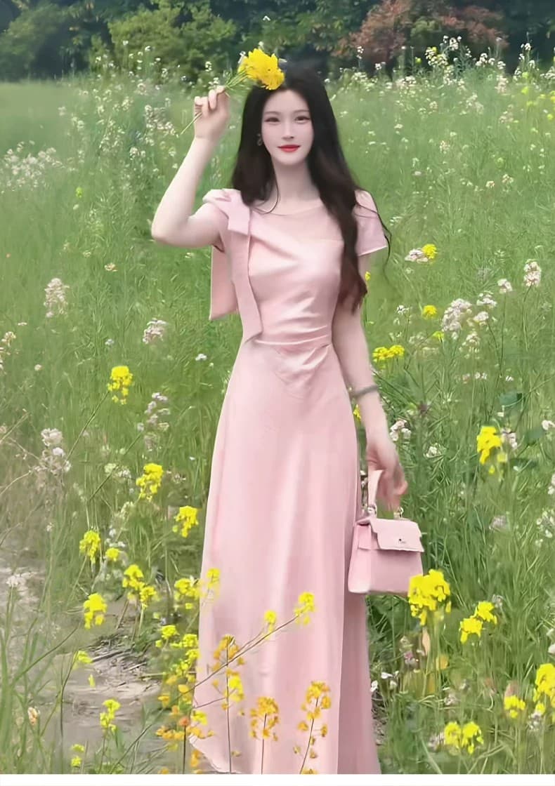 2026 새로운 핑크색 여성 드레스 여름 허리 수축 품격 빛 사람들 부드러운 코치 착용 가져 가라. 그레이트 봐라. 프랑스식 롱 스커트 상세 이미지 13