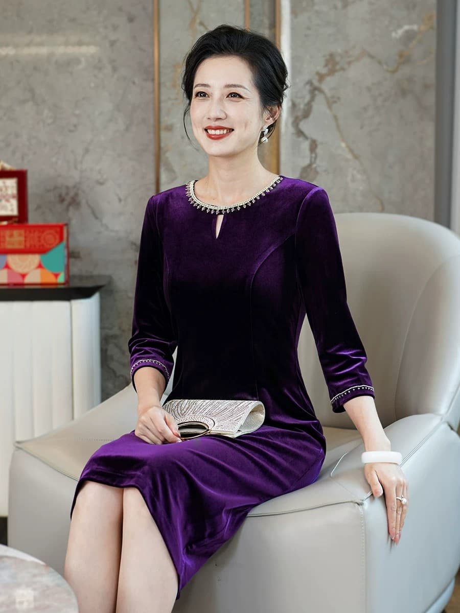 가을 안녕하세요. 시어머니 결혼 연회 로드 중 보라색 고귀한 엄마 보다 딸 참여 금사 벨벳 토스트 서비스 빅 사이즈 예복 이미지 2