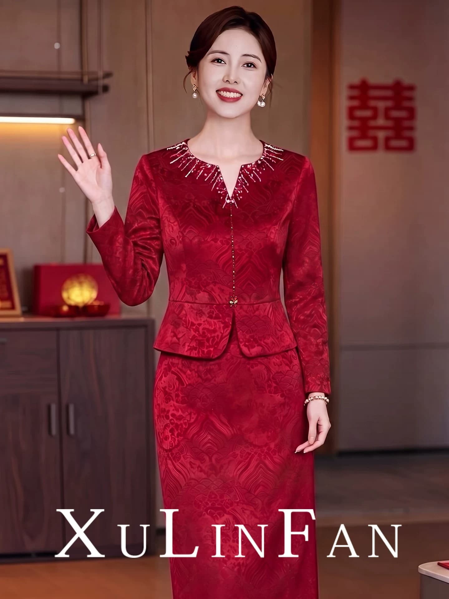 새로운 중식 빨간색 결혼 엄마 예복 가을 긴팔 안녕하세요. 시어머니 결혼 연회 척 투피스 세트 고귀한 영 에디션