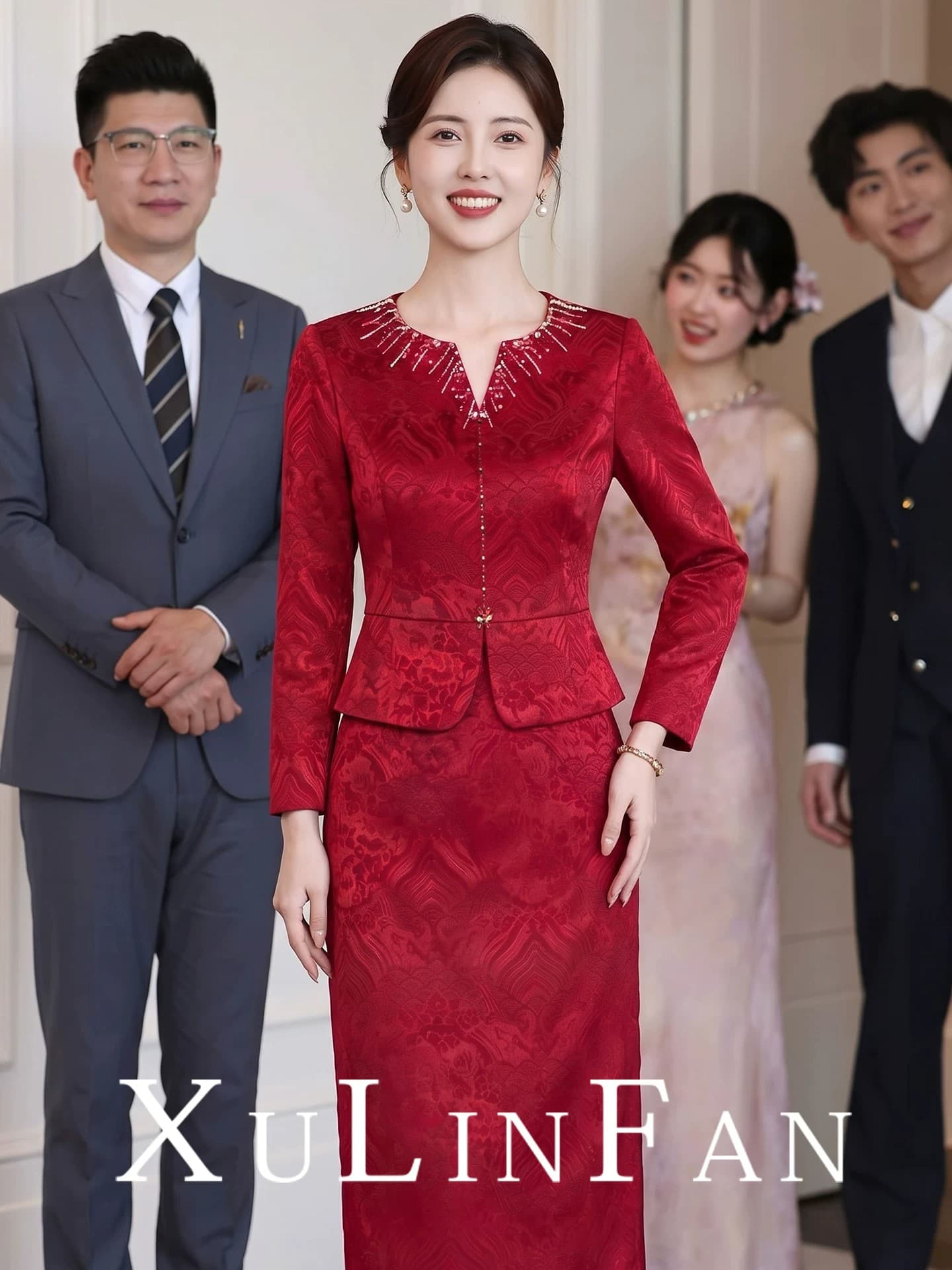 새로운 중식 빨간색 결혼 엄마 예복 가을 긴팔 안녕하세요. 시어머니 결혼 연회 척 투피스 세트 고귀한 영 에디션 이미지 4