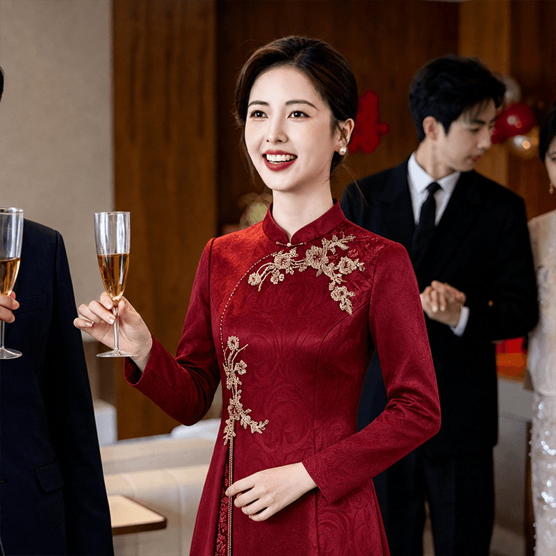 와인 레드 안녕하세요. 시어머니 결혼 연회 로드 중 2026 새로운 엄마 결혼 예복 보통 웨어러블 새로운 중식 결혼식 치파오 이미지 4