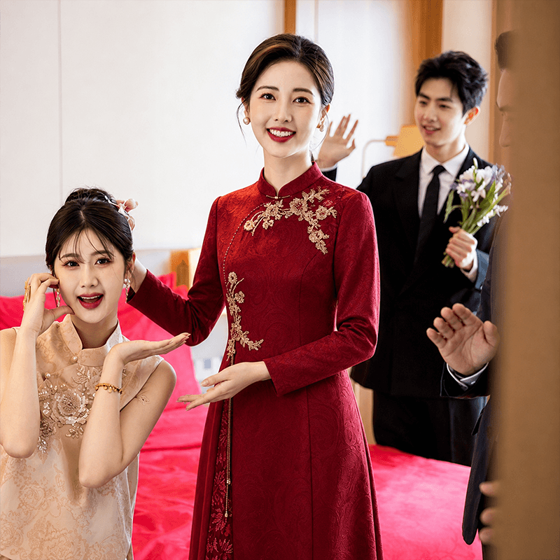 와인 레드 안녕하세요. 시어머니 결혼 연회 로드 중 2026 새로운 엄마 결혼 예복 보통 웨어러블 새로운 중식 결혼식 치파오