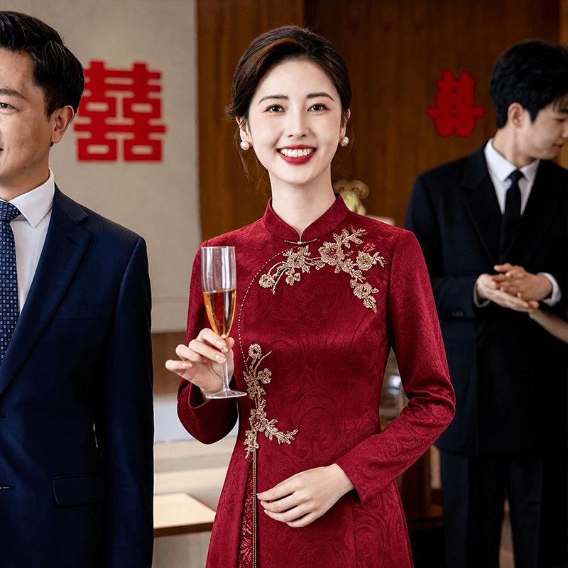 와인 레드 안녕하세요. 시어머니 결혼 연회 로드 중 2026 새로운 엄마 결혼 예복 보통 웨어러블 새로운 중식 결혼식 치파오 이미지 5
