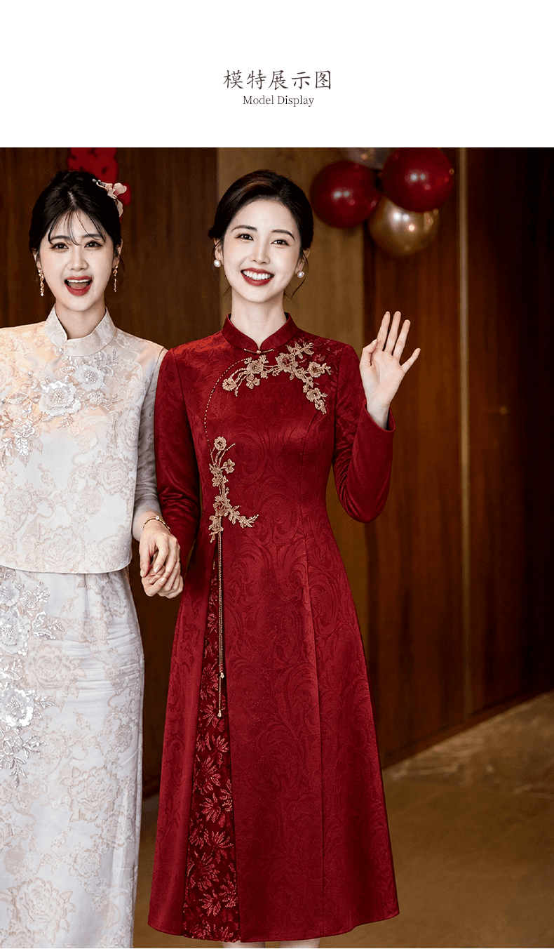 와인 레드 안녕하세요. 시어머니 결혼 연회 로드 중 2026 새로운 엄마 결혼 예복 보통 웨어러블 새로운 중식 결혼식 치파오 상세 이미지 1