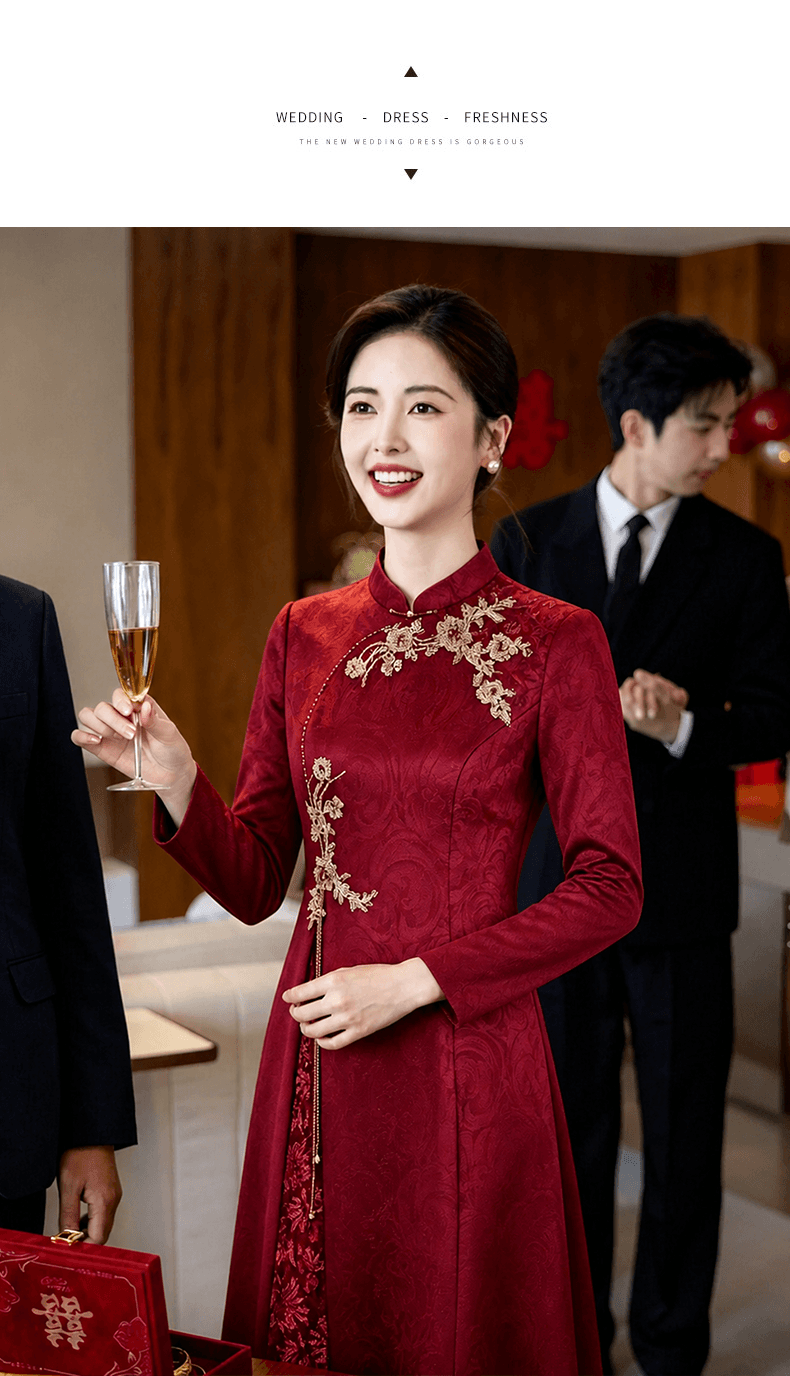 와인 레드 안녕하세요. 시어머니 결혼 연회 로드 중 2026 새로운 엄마 결혼 예복 보통 웨어러블 새로운 중식 결혼식 치파오 상세 이미지 3