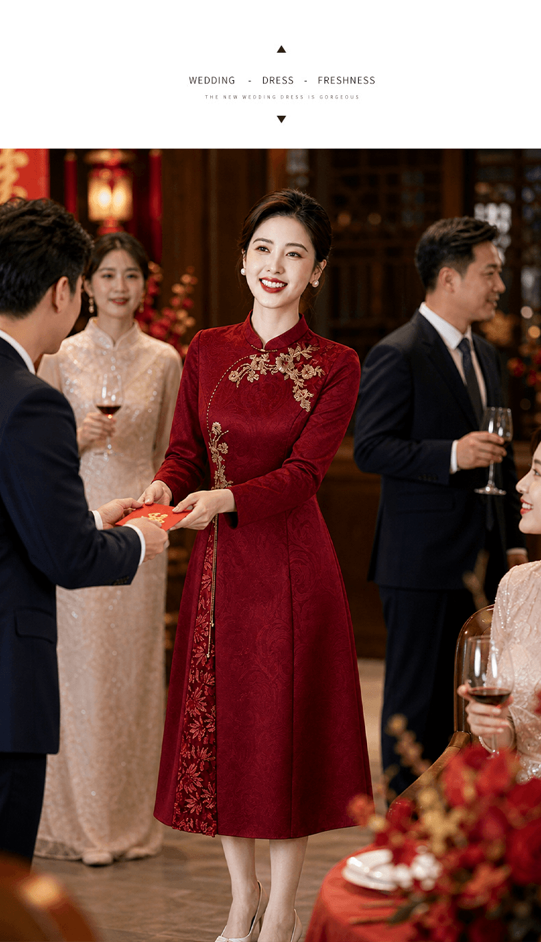 와인 레드 안녕하세요. 시어머니 결혼 연회 로드 중 2026 새로운 엄마 결혼 예복 보통 웨어러블 새로운 중식 결혼식 치파오 상세 이미지 16