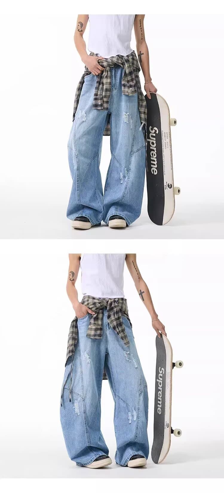 아메리칸 청바지 남자 여자 다용도 봄 가을 레트로 높음 거리 워싱 루즈핏 봄 가을 모통이 칼 찢어진 부분 데님 긴 바지 상세 이미지 8
