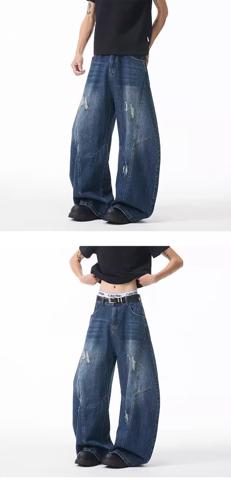 아메리칸 청바지 남자 여자 다용도 봄 가을 레트로 높음 거리 워싱 루즈핏 봄 가을 모통이 칼 찢어진 부분 데님 긴 바지 상세 이미지 13