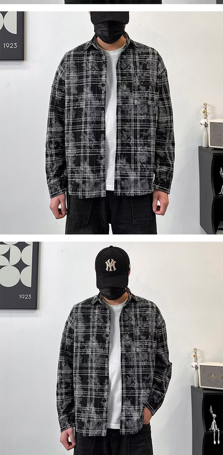 아메리칸 레트로 홀치기 염색 체크무늬 캐주얼 긴팔 셔츠 거친 가장자리 남녀 봄 가을 루즈핏 다용도 재킷 커플룩 상세 이미지 5