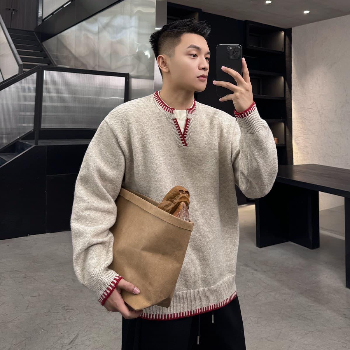 아메리칸 패치워크 색상 V넥 스웨터 남자 여자 일본식 중성 가을 겨울 ins 커플 긴팔 보온 페이크 레이어드 니트 스웨터