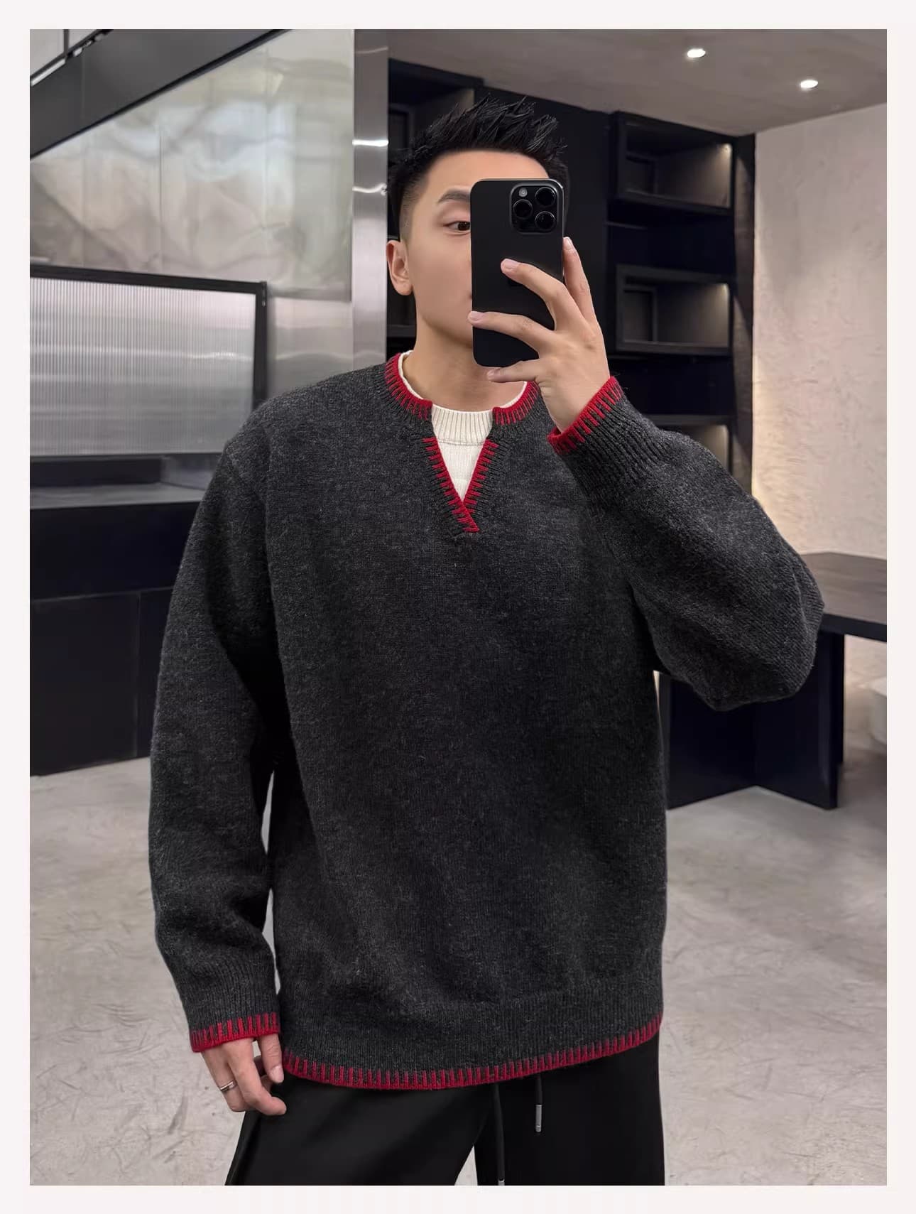 아메리칸 패치워크 색상 V넥 스웨터 남자 여자 일본식 중성 가을 겨울 ins 커플 긴팔 보온 페이크 레이어드 니트 스웨터 상세 이미지 8