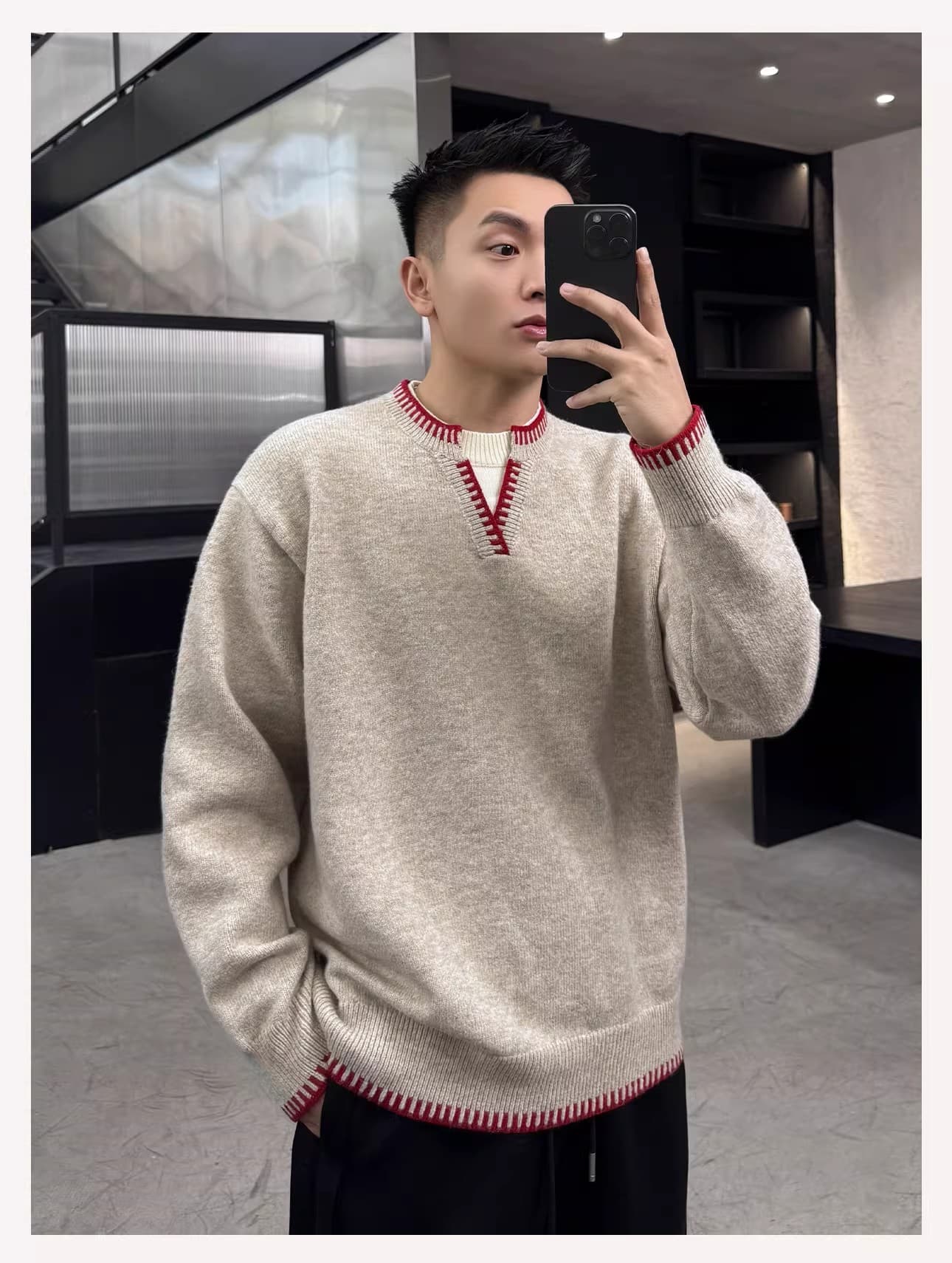 아메리칸 패치워크 색상 V넥 스웨터 남자 여자 일본식 중성 가을 겨울 ins 커플 긴팔 보온 페이크 레이어드 니트 스웨터 상세 이미지 11