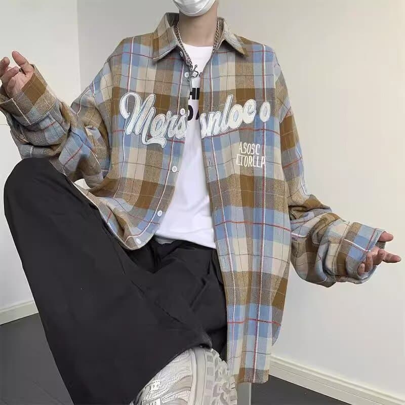 일본식 격자 무늬 셔츠 남성과 여성 봄 가을 청소년 긴팔 체크무늬 셔츠 조수 브랜드 루즈핏 캐주얼 커플 재킷 이미지 2