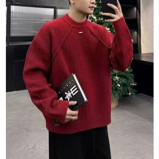 빨간색 라운드 넥 스웨터 니트 스웨터 남성과 여성 조수 브랜드 잘 생긴 봄 가을 겨울 기본 셔츠 커플 품격 몸매 가꾸기 맨위 상세 이미지 1