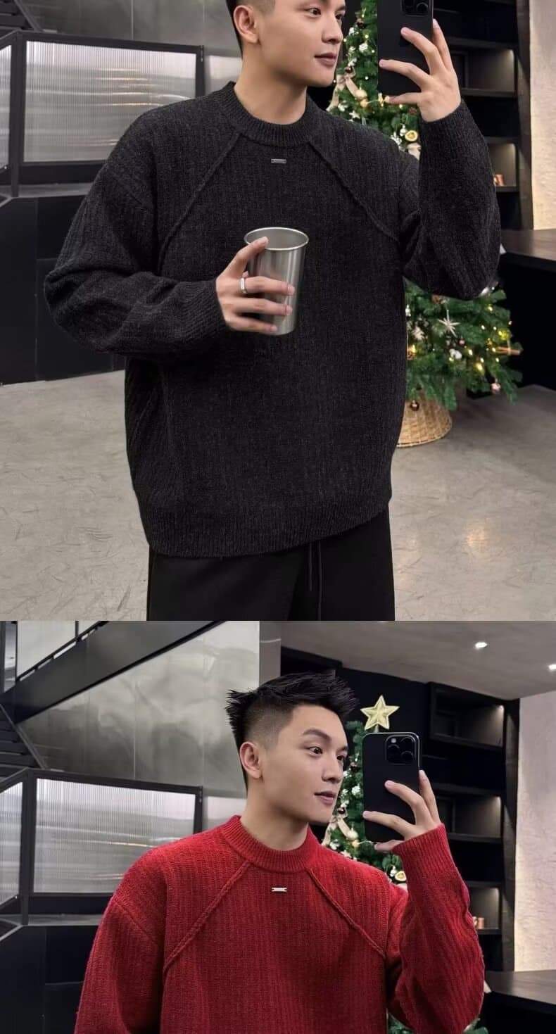 빨간색 라운드 넥 스웨터 니트 스웨터 남성과 여성 조수 브랜드 잘 생긴 봄 가을 겨울 기본 셔츠 커플 품격 몸매 가꾸기 맨위 상세 이미지 3