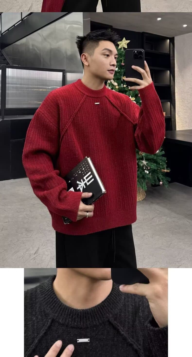 빨간색 라운드 넥 스웨터 니트 스웨터 남성과 여성 조수 브랜드 잘 생긴 봄 가을 겨울 기본 셔츠 커플 품격 몸매 가꾸기 맨위 상세 이미지 5