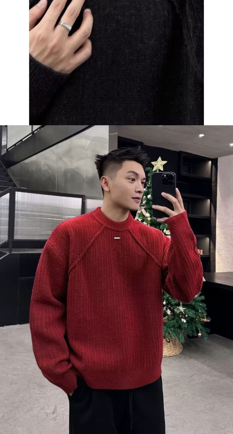 빨간색 라운드 넥 스웨터 니트 스웨터 남성과 여성 조수 브랜드 잘 생긴 봄 가을 겨울 기본 셔츠 커플 품격 몸매 가꾸기 맨위 상세 이미지 6