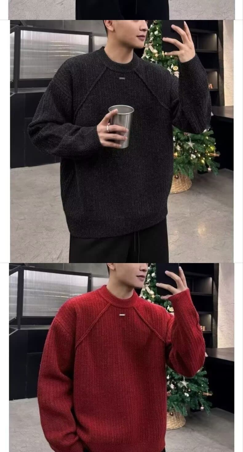 빨간색 라운드 넥 스웨터 니트 스웨터 남성과 여성 조수 브랜드 잘 생긴 봄 가을 겨울 기본 셔츠 커플 품격 몸매 가꾸기 맨위 상세 이미지 7