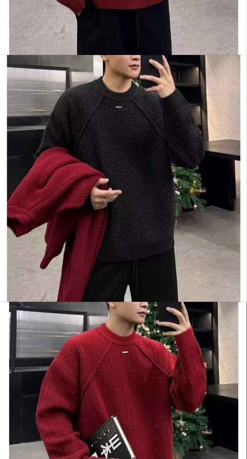 빨간색 라운드 넥 스웨터 니트 스웨터 남성과 여성 조수 브랜드 잘 생긴 봄 가을 겨울 기본 셔츠 커플 품격 몸매 가꾸기 맨위 상세 이미지 8