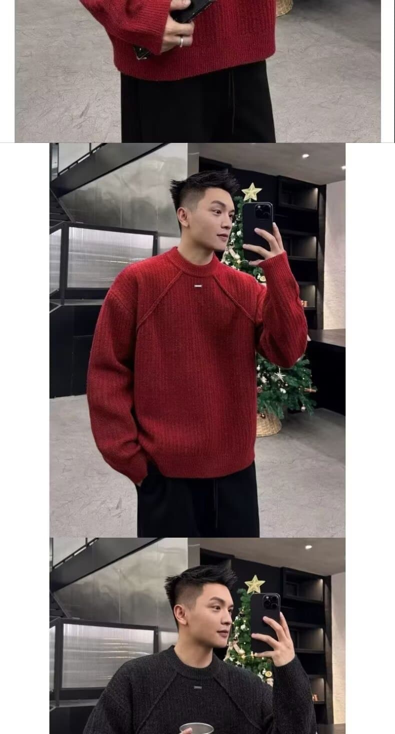 빨간색 라운드 넥 스웨터 니트 스웨터 남성과 여성 조수 브랜드 잘 생긴 봄 가을 겨울 기본 셔츠 커플 품격 몸매 가꾸기 맨위 상세 이미지 9