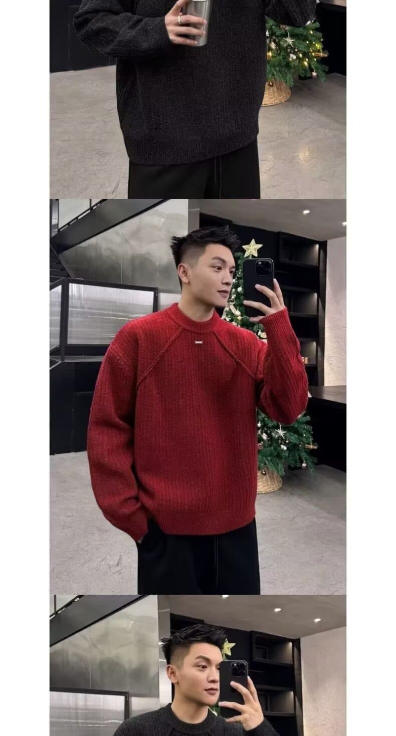 빨간색 라운드 넥 스웨터 니트 스웨터 남성과 여성 조수 브랜드 잘 생긴 봄 가을 겨울 기본 셔츠 커플 품격 몸매 가꾸기 맨위 상세 이미지 10