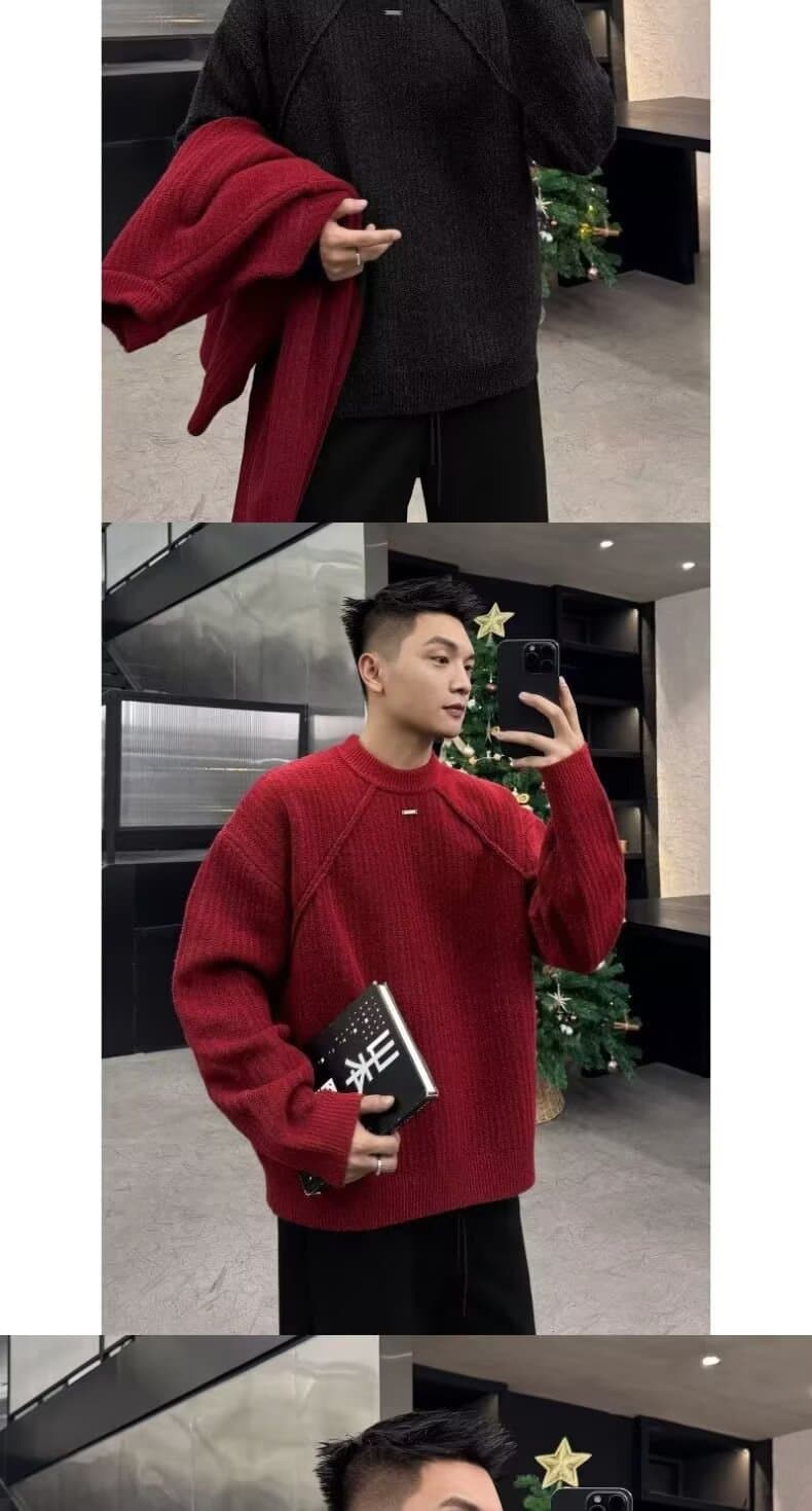 빨간색 라운드 넥 스웨터 니트 스웨터 남성과 여성 조수 브랜드 잘 생긴 봄 가을 겨울 기본 셔츠 커플 품격 몸매 가꾸기 맨위 상세 이미지 11