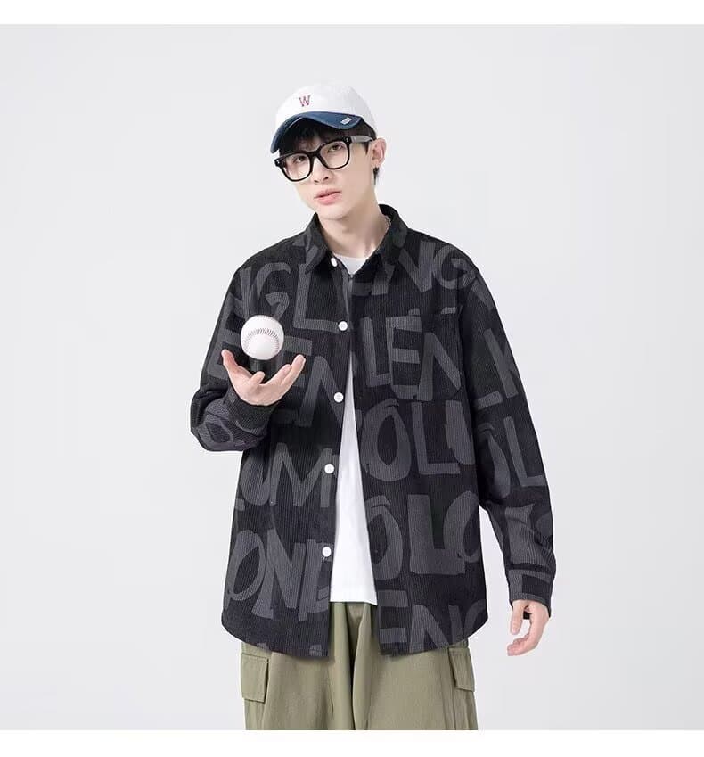 코듀로이 긴팔 셔츠 남성과 여성 봄 가을 조수 브랜드 루즈핏 아메리칸 레트로 높음 거리 전체 인쇄 커플 셔츠 재킷 상세 이미지 1