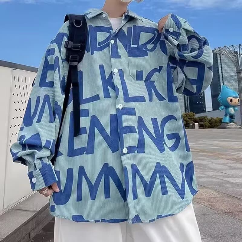 새로운 코듀로이 긴팔 셔츠 남성과 여성 봄 가을 조수 브랜드 루즈핏 아메리칸 레트로 높음 거리 전체 인쇄 셔츠 재킷 이미지 2