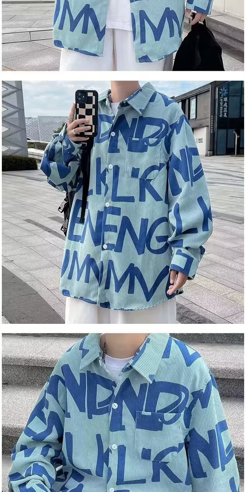 새로운 코듀로이 긴팔 셔츠 남성과 여성 봄 가을 조수 브랜드 루즈핏 아메리칸 레트로 높음 거리 전체 인쇄 셔츠 재킷 상세 이미지 4