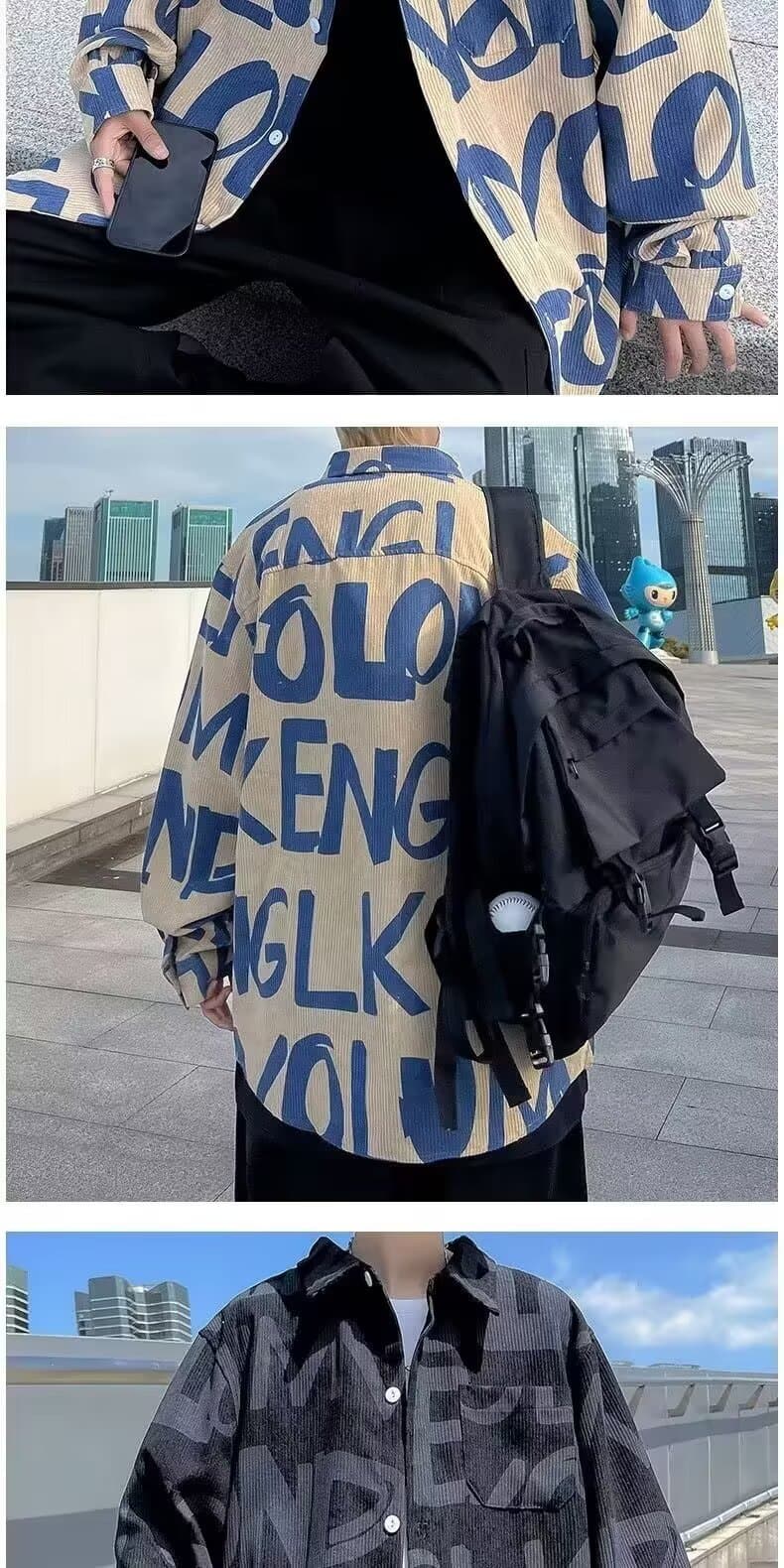 새로운 코듀로이 긴팔 셔츠 남성과 여성 봄 가을 조수 브랜드 루즈핏 아메리칸 레트로 높음 거리 전체 인쇄 셔츠 재킷 상세 이미지 7