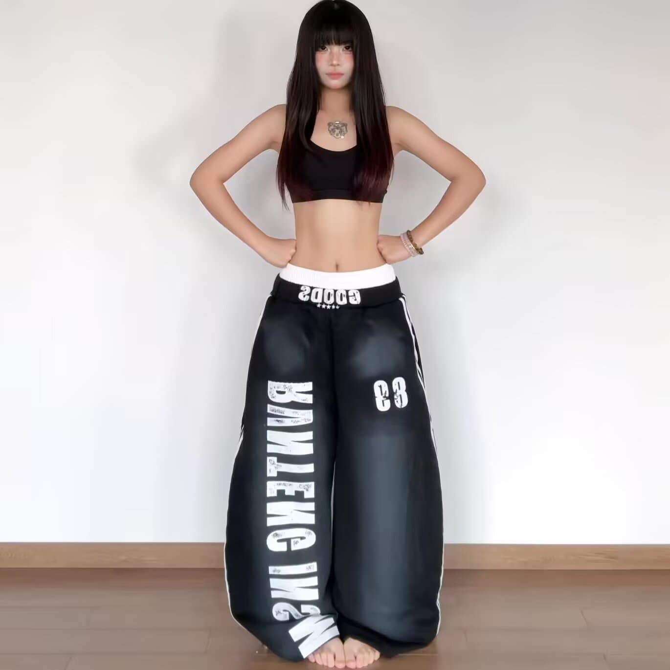 아메리칸 높음 거리 핫걸 더러운 더러운 마 오래된 더블 허리 머리 웨이 바지 여성 무거운 새로운 루즈핏 슬림해 보이는 스트리트 댄스 와이드 레그 팬츠 어린이 이미지 4