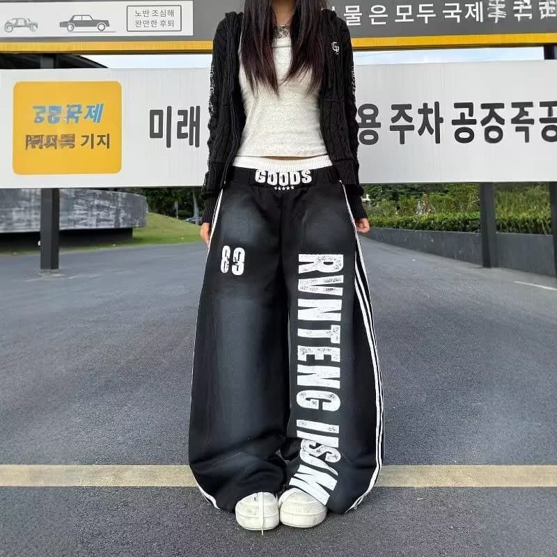 아메리칸 높음 거리 핫걸 더러운 더러운 마 오래된 더블 허리 머리 웨이 바지 여성 무거운 새로운 루즈핏 슬림해 보이는 스트리트 댄스 와이드 레그 팬츠 어린이 상세 이미지 2