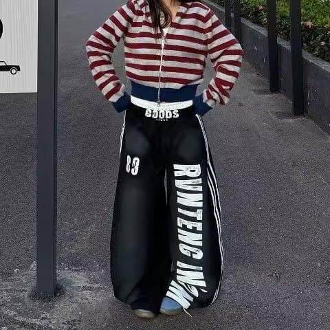 아메리칸 높음 거리 핫걸 더러운 더러운 마 오래된 더블 허리 머리 웨이 바지 여성 무거운 새로운 루즈핏 슬림해 보이는 스트리트 댄스 와이드 레그 팬츠 어린이 상세 이미지 3