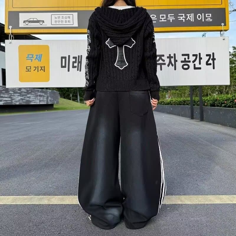 아메리칸 높음 거리 핫걸 더러운 더러운 마 오래된 더블 허리 머리 웨이 바지 여성 무거운 새로운 루즈핏 슬림해 보이는 스트리트 댄스 와이드 레그 팬츠 어린이 상세 이미지 4
