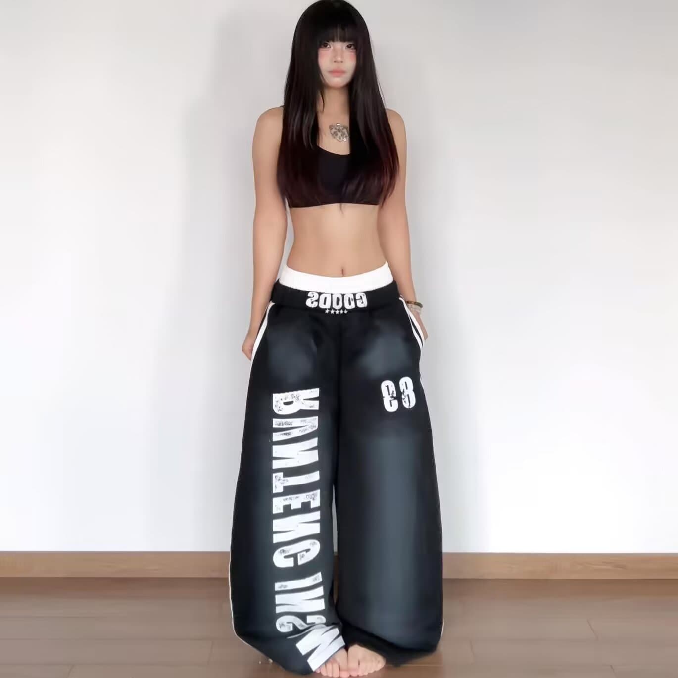 아메리칸 높음 거리 핫걸 더러운 더러운 마 오래된 더블 허리 머리 웨이 바지 여성 무거운 새로운 루즈핏 슬림해 보이는 스트리트 댄스 와이드 레그 팬츠 어린이 상세 이미지 6