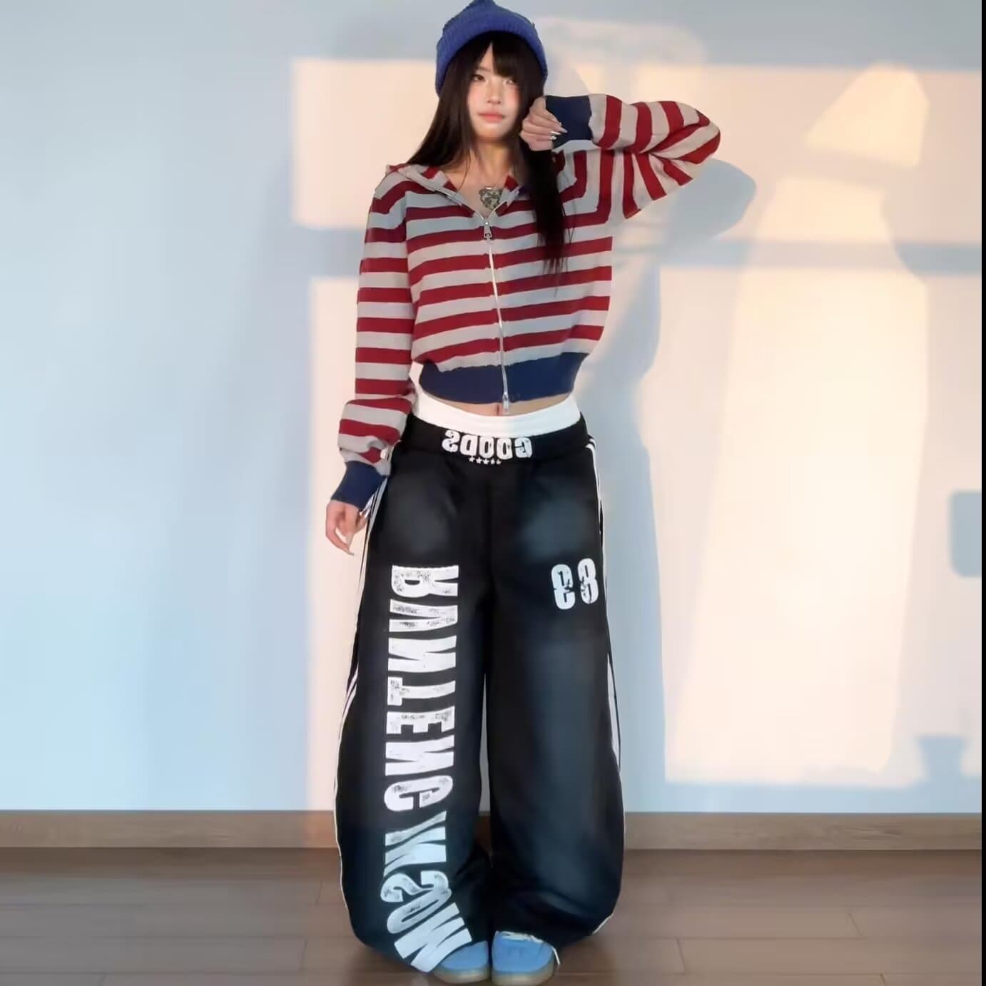 아메리칸 높음 거리 핫걸 더러운 더러운 마 오래된 더블 허리 머리 웨이 바지 여성 무거운 새로운 루즈핏 슬림해 보이는 스트리트 댄스 와이드 레그 팬츠 어린이 상세 이미지 8