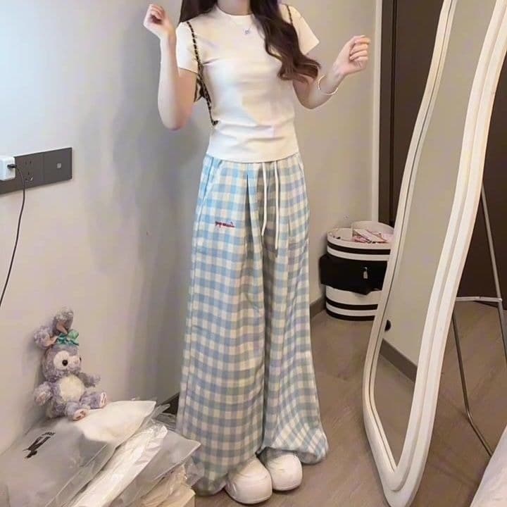 봄 여름 새로운 소금 달콤한 부서 착용 가져 가라. 한 부서 몸매 가꾸기 달콤한 자매 얕은 어린이 자수 소녀 캐주얼 다용도 하이웨이스트 와이드 레그 팬츠 이미지 2