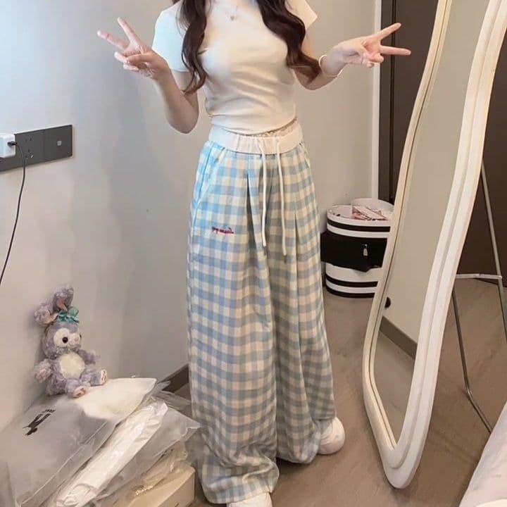 봄 여름 새로운 소금 달콤한 부서 착용 가져 가라. 한 부서 몸매 가꾸기 달콤한 자매 얕은 어린이 자수 소녀 캐주얼 다용도 하이웨이스트 와이드 레그 팬츠 이미지 3