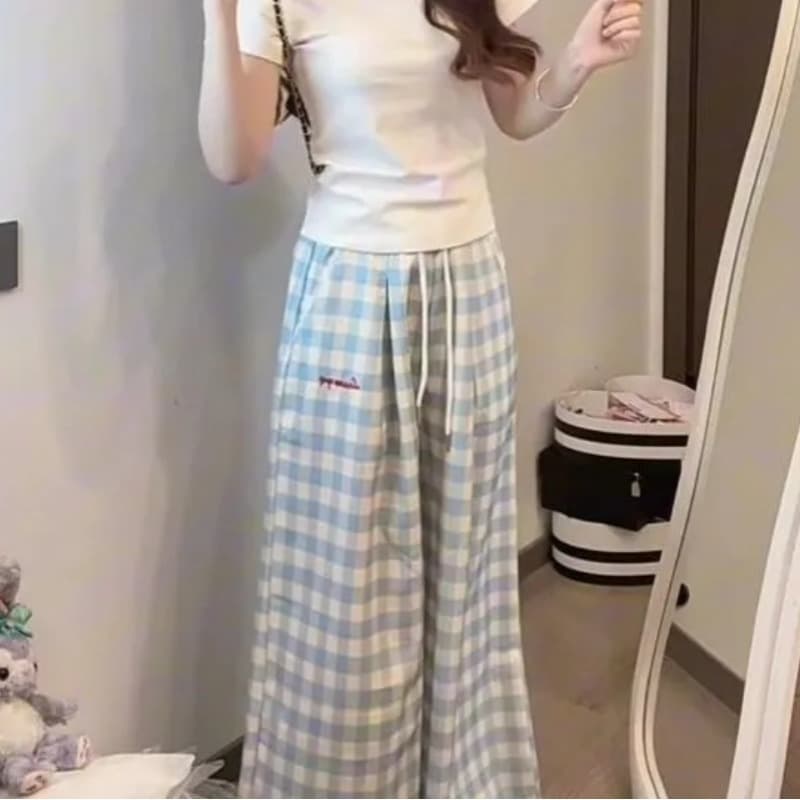 봄 여름 새로운 소금 달콤한 부서 착용 가져 가라. 한 부서 몸매 가꾸기 달콤한 자매 얕은 어린이 자수 소녀 캐주얼 다용도 하이웨이스트 와이드 레그 팬츠 이미지 4