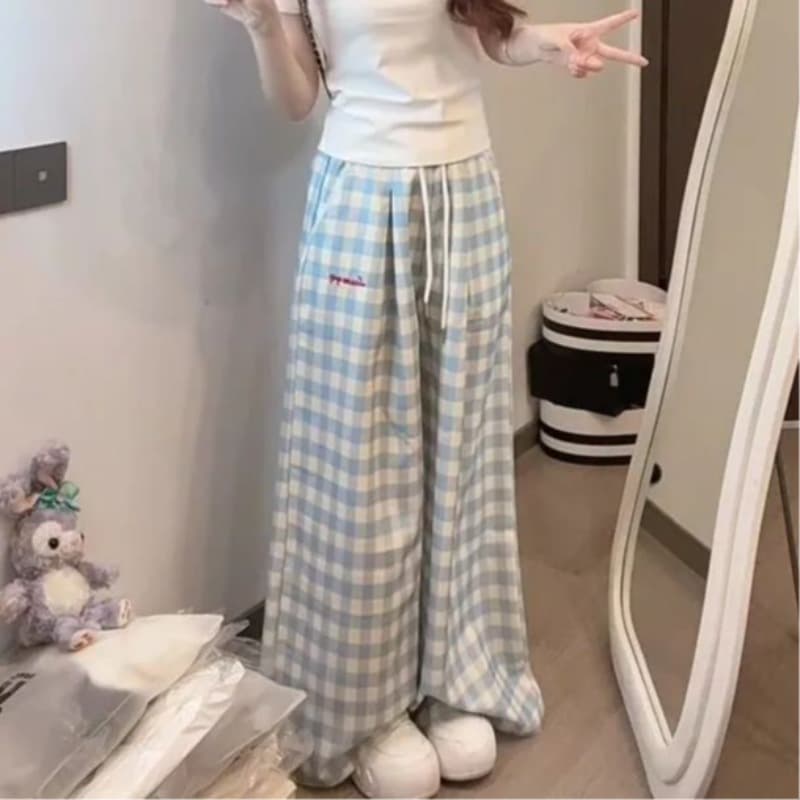 봄 여름 새로운 소금 달콤한 부서 착용 가져 가라. 한 부서 몸매 가꾸기 달콤한 자매 얕은 어린이 자수 소녀 캐주얼 다용도 하이웨이스트 와이드 레그 팬츠 이미지 5