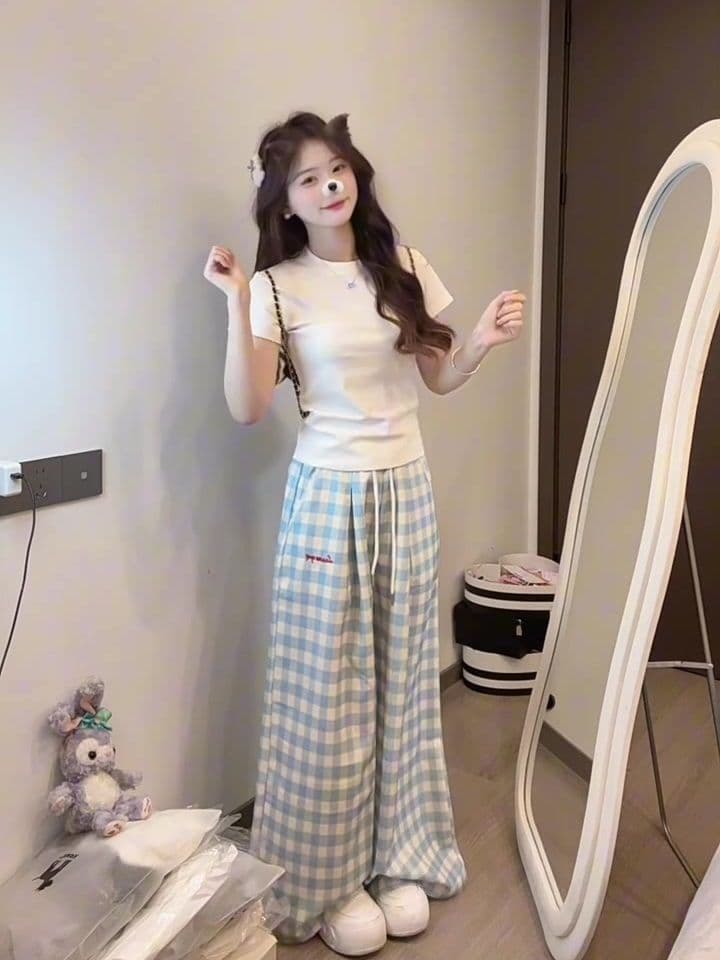 봄 여름 새로운 소금 달콤한 부서 착용 가져 가라. 한 부서 몸매 가꾸기 달콤한 자매 얕은 어린이 자수 소녀 캐주얼 다용도 하이웨이스트 와이드 레그 팬츠 상세 이미지 4
