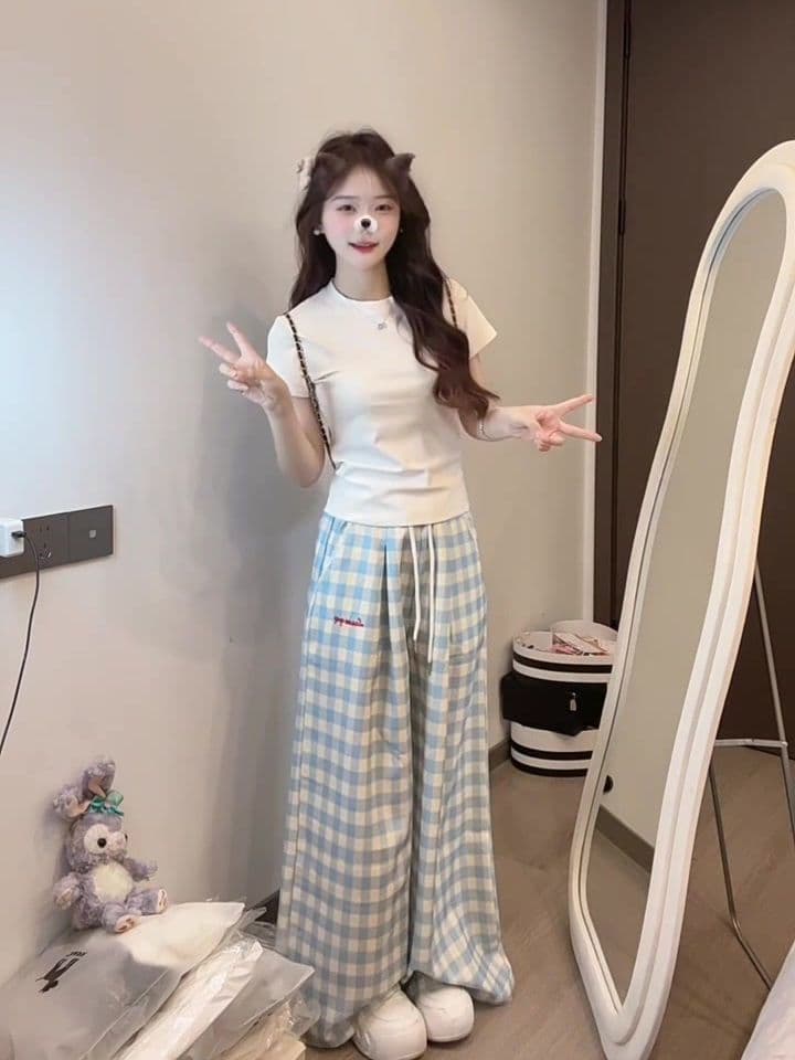 봄 여름 새로운 소금 달콤한 부서 착용 가져 가라. 한 부서 몸매 가꾸기 달콤한 자매 얕은 어린이 자수 소녀 캐주얼 다용도 하이웨이스트 와이드 레그 팬츠 상세 이미지 5