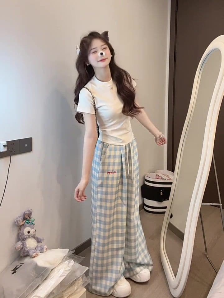 봄 여름 새로운 소금 달콤한 부서 착용 가져 가라. 한 부서 몸매 가꾸기 달콤한 자매 얕은 어린이 자수 소녀 캐주얼 다용도 하이웨이스트 와이드 레그 팬츠 상세 이미지 6